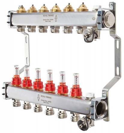 Для отопления Royal Thermo 1&quot; ВР-3/4&quot; НР, 9 выходов с расходомерами, нерж. (RTE 52.109)