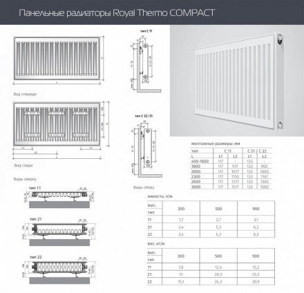 Стальной панельный радиатор Тип 11 Royal Thermo COMPACT 11-300-600