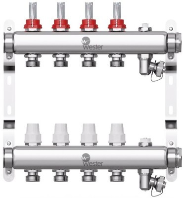 Коллектор Wester 1&quot;-3/4 в сборе с расходомерами на 4 выхода (сталь нержавеющая)